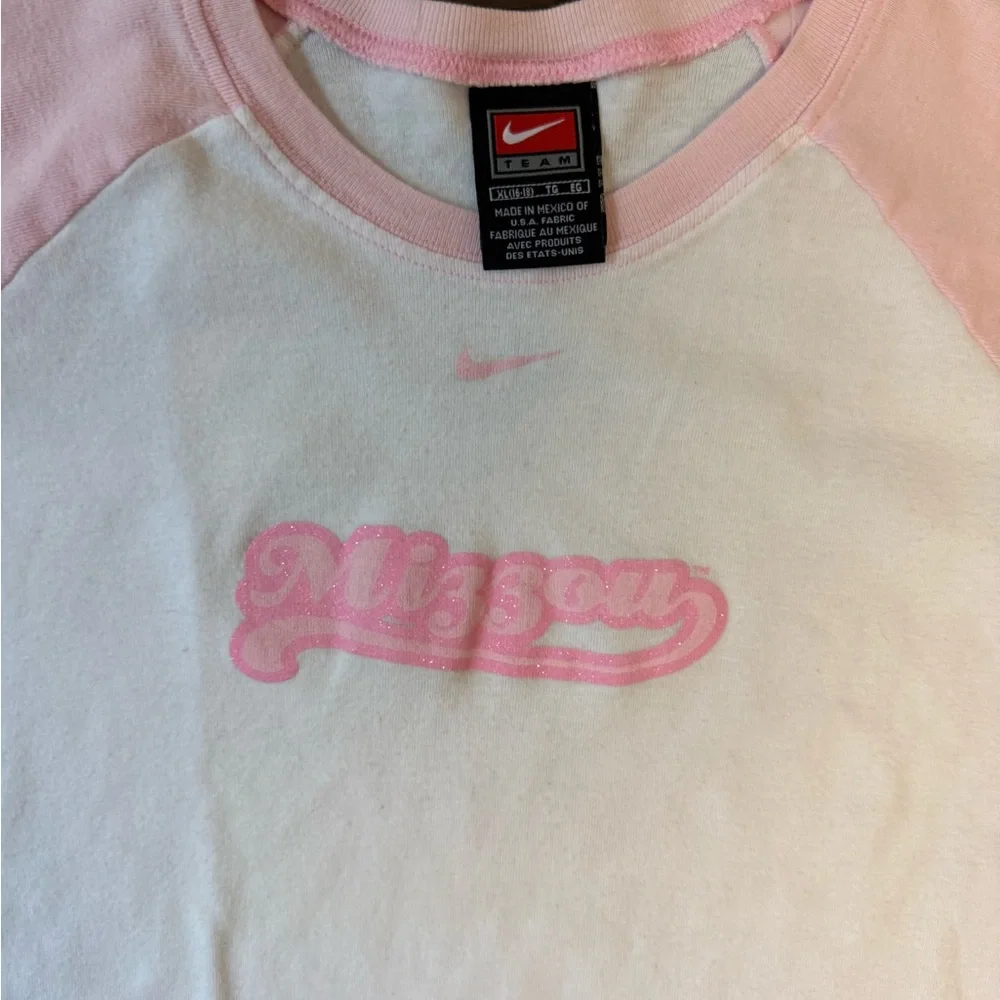 Y2K Raglan Baseball Tee Nike Shirt Pink Mizzou College Baby Tee‎ Sparkle Logo